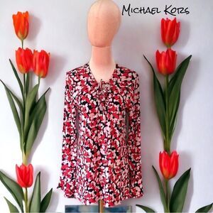 MICHAEL KORS MEDIUM BLOUSE TOP LONG SLEEVES RED NAVY FLORAL